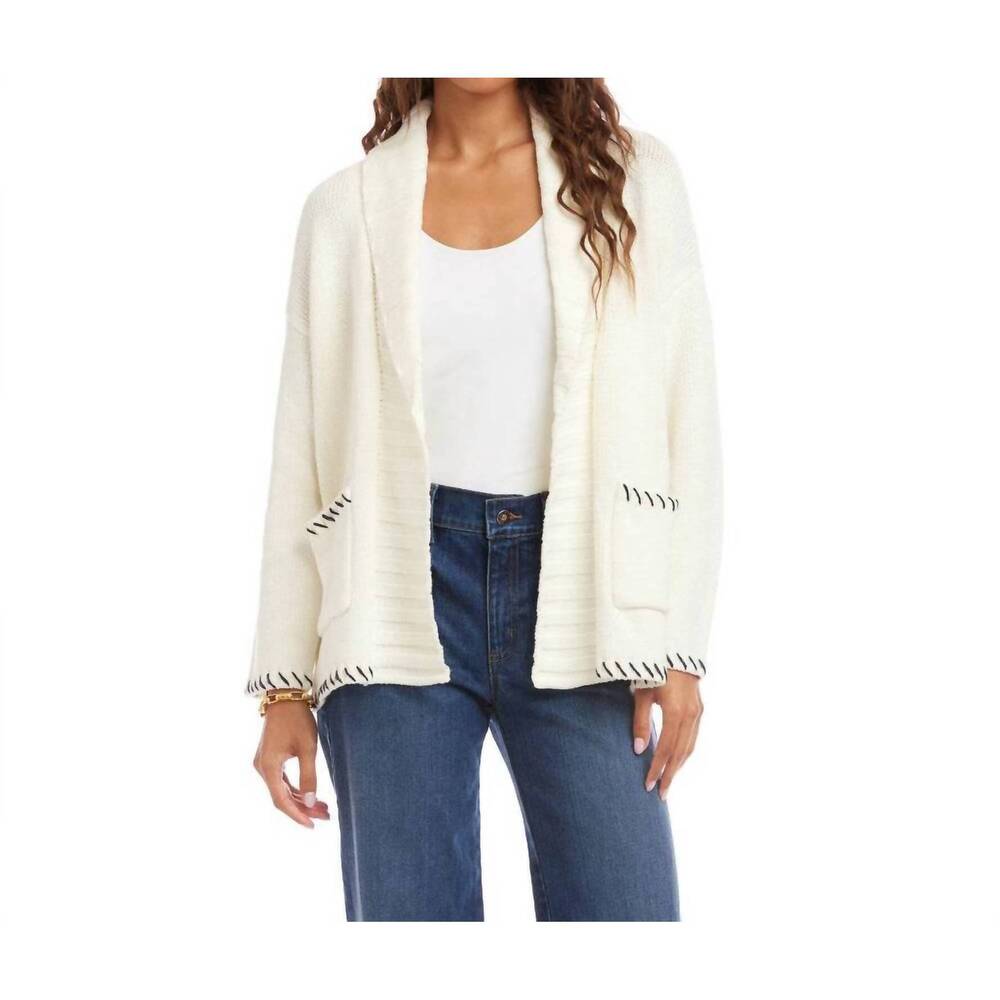 NEW KAREN KANE contrast stitch open front cardigan sweater in off white with nav